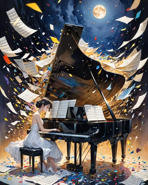  Fusion of watercolor and oil painting  ,   conceptual installation art ,   Fusion of Acrylic Paintings and Collage Paintings ,  Tall and Beautiful Artwork ,  is , A pianist in a dress plays the grand piano、Play a big song,  Unnecessary sheet music is shre...