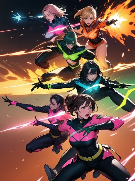 A brave and daring image of the six-woman Ranger team, Each is decorated with the following vibrant colors:: neon pink, Sunset Orange, Fire engine red, plasma violet, Fluorescent Green, shocking yellow. A dynamic pose with a background that oozes energy an...