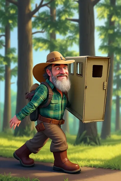 A middle-aged man with a beard. He wears a green plaid shirt with the sleeves rolled up, brown hiking pants, and sturdy brown boots suitable for outdoor exploration. On his head he wears a wide-brimmed explorer's hat. He is pushing an animal cage. The back...