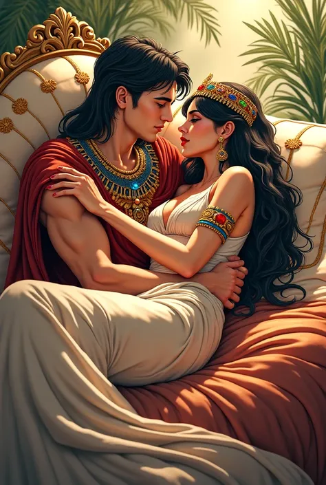 Anime Cleopatra with anime julius caesar on bed