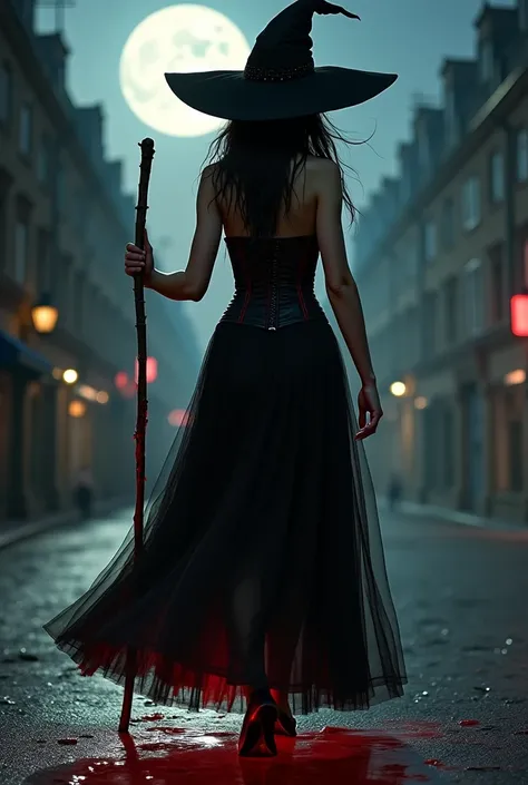 dark haired woman,  nude, Walking down the street at night with a full moon, walking stick , witch, possessed , dark, red liquid flowing through your body, Blood on the street .  Black dress with corset, with capellina women's hat