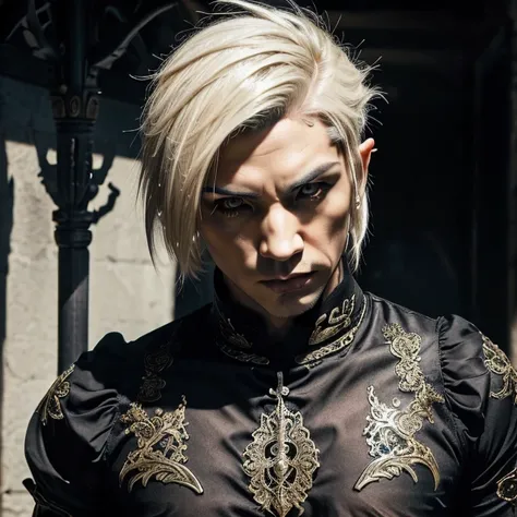 1 male elf,  Japanese man elf, male, Asian eyes, muscular, broad shoulders, yakuza tattoos, hairstyle Visual Kei style, hair Visual Kei, black men's shirt and black pants, ultra detailed face and eyes, hyperrealistic, realistic representation, 40 years old...