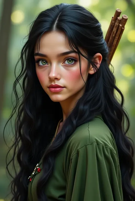 Make a girl for a role playing game that reflects nature with beautiful green eyes and dense black hair that falls in loops over her shoulders, fair skin and Game of Thrones-The Lord of the Rings style, young woman of about  without wrinkles and armed with...