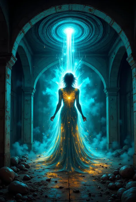 A serene, yet captivating digital artwork, blending the paradoxical harmony of chaos and order, reminiscent of the surrealist masterpieces of Salvador Dali, H.R. Giger, and Zdzisław Beksiński. A luminous, otherworldly female figure, draped in a flowing, di...