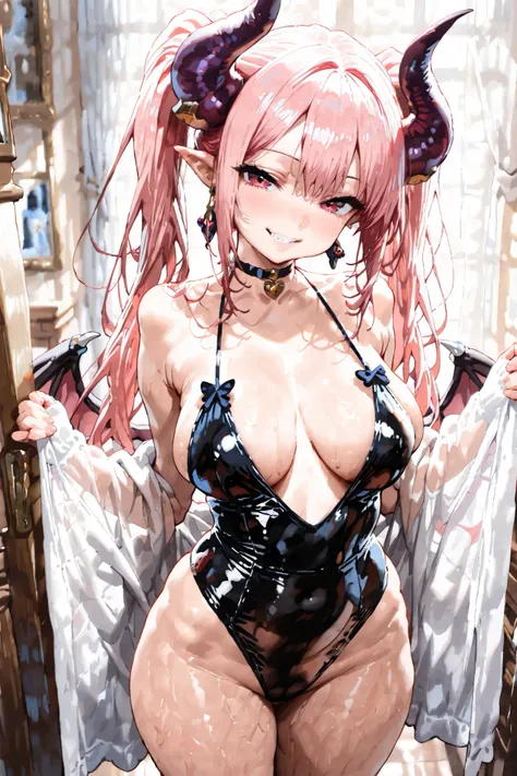 one girl, succubus, demon, purple horns and wings, round black earrings on horns with a butterfly ribbon, pointed ears, gold simple earrings, pink hair, two long pigtails to her hips behind the horns, choker around her neck, revealing latex swimsuit, white...