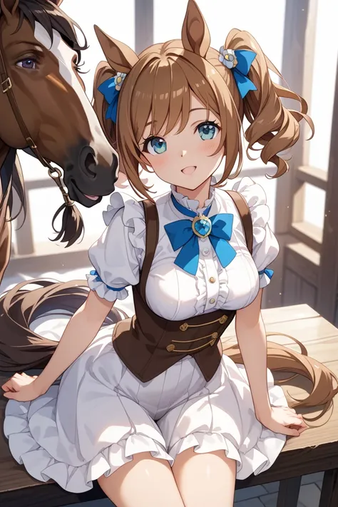 1 girl、 1 short girl、 Uma Musume Pretty Derby、詳細な背景、 Hair、 Air Intake 、 brown short hair、 brown short twin tails、brown horse ears、brown horse tail、 small 、 small tits、 brown and white adventurer clothes、brown and white skirt、 white panties with frills、Look...