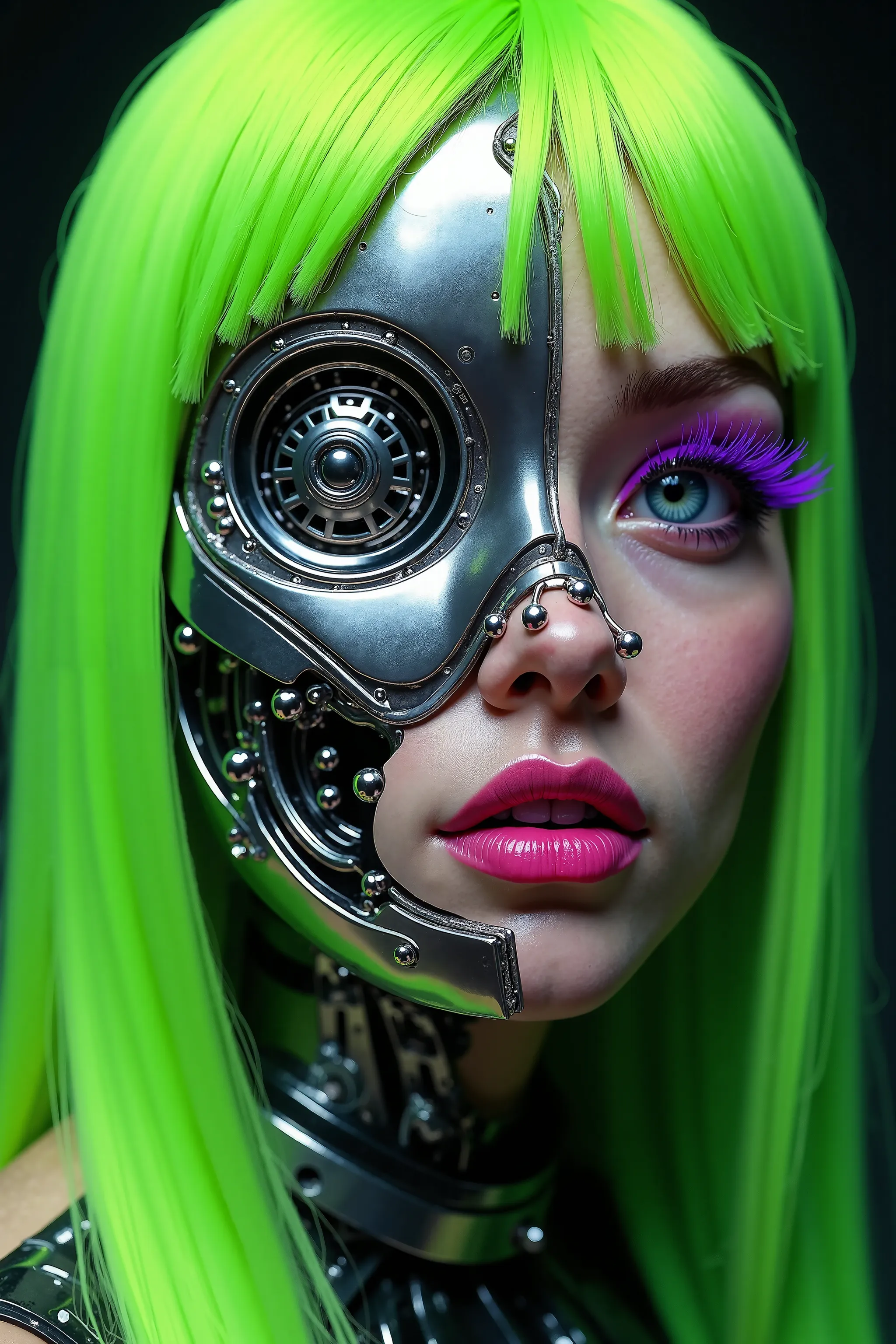 "A hyper-realistic close-up portrait of a young woman with striking neon green hair flowing smoothly down her shoulders. The hair is vibrant and saturated, styled straight, framing her face perfectly. Her face is split into two distinct halves: one side re...