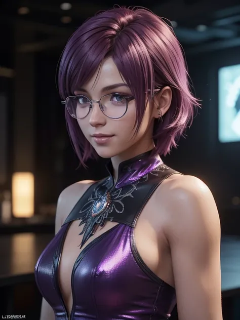  close-up,  upper body . Short,  purple hair,  purple eyes ,  diopter glasses with metal frames, purple sleeveless dress, ( purple skin:1.2),  second-size chest, smiling  girl in a nightclub. ( Masterpiece ,  top quality,  Luchshee Kachestvo,  official art...