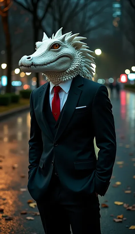 "A man with the head of a majestic white crocodile at night. He wears a sleek black suit, a crisp white shirt, and a striking red tie. His pure white mane flows gently, illuminated by the soft glow of nearby streetlights. His sharp feline eyes exude power ...