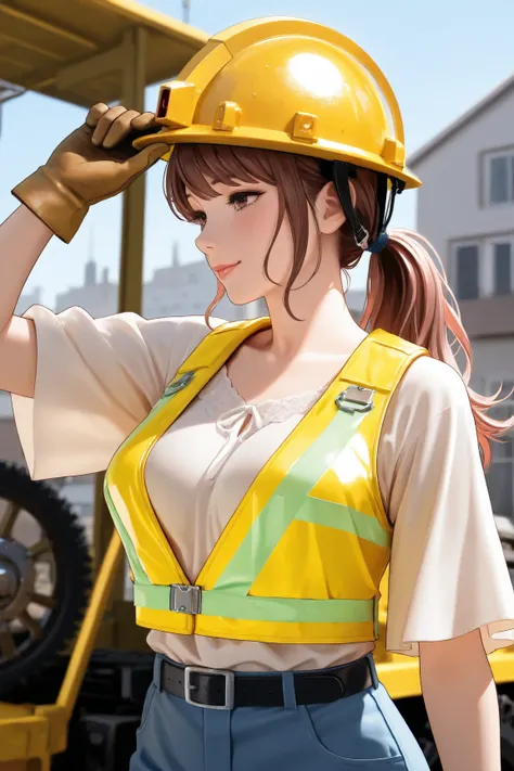 1 ,     alone,     Masterpiece,     fringe ,    ultra realistic, silky hair,    brown hair,   ponytail hair , a medium side fringe , mature face,b) a female civil engineer, yellow reflective vest , white blouse with sleeves, blue pants,  black belt with si...