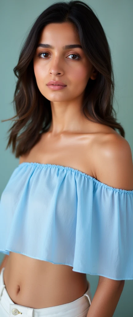 Beautiful Indian girl in pastel blue off shoulder crop peasant blouse, showing full stomach, flat and slim stomach, front view, close up full body shot, facing the camera