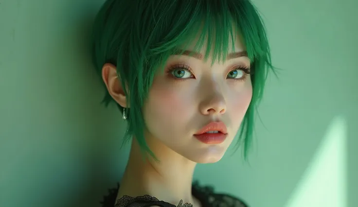 A beautiful woman has very short green hair and green eyes