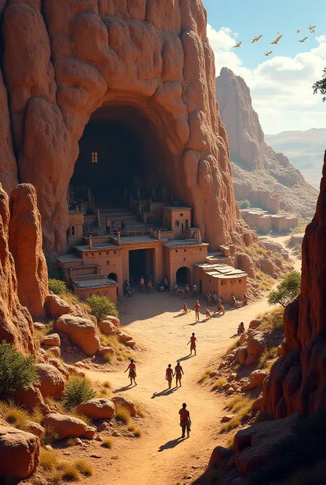 A sprawling tribal settlement carved into the side of a towering reddish-brown mountain, viewed from a high vantage point. The central cave entrance—a massive, weather-worn opening—branches into smaller caverns housing families, storage, and communal space...