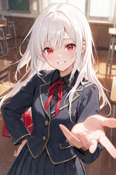  white hair, red eyes,  woman,  students, Smiling