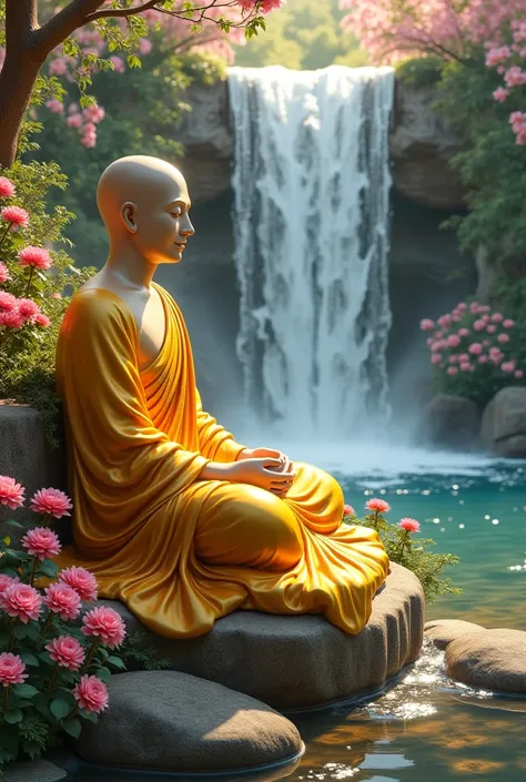 Shaved Beautiful buddha with golden robe on the couch beside beautiful flowers blooming and clear stream and beautiful falls