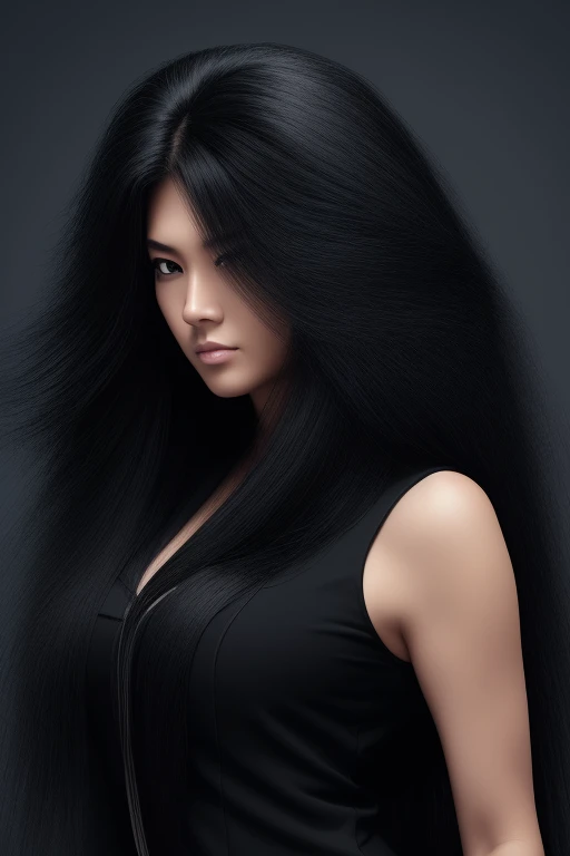 jet black hair,most very long hair,most very lion hair,most very wolf hair,most very frizzy hair,coarse hair,most very spread hairstyle,thick hair,fluffy hair,most very heavy weight hair,hair covering left eye,heavy looking hairstyle,most very voluminous h...