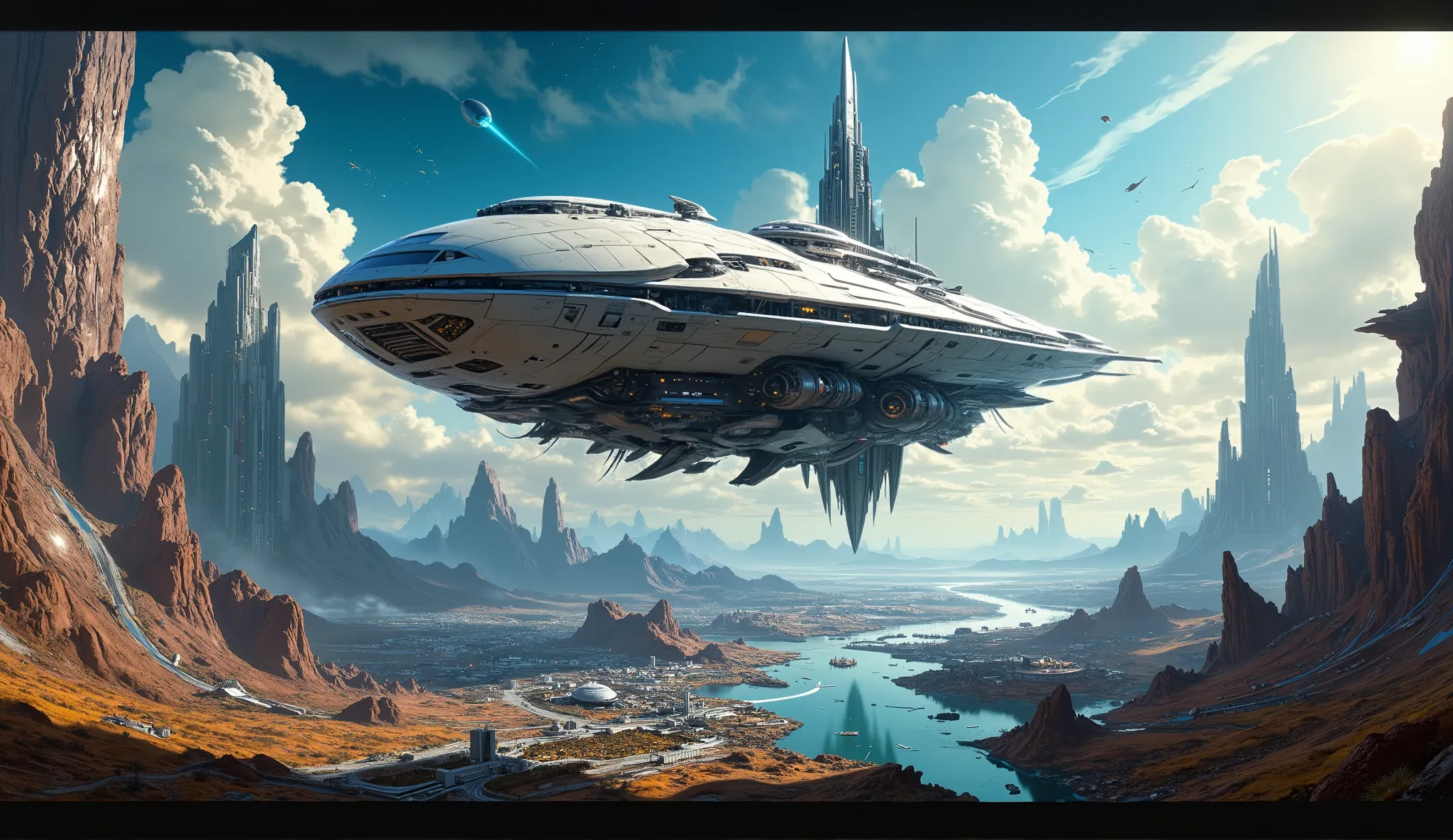 (( masterpiece)),(( the best quality)),((alto detalle)),(( Realistic,))  Huge spaceship suspended above a science-fiction port city, dock , vapor punk_ Architecture , blue_sky, nebulosa_sky, cloudy_sky, mountains,  picturesque landscapes , skyscrapers