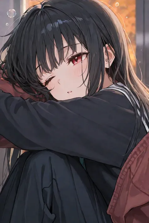  black hair, red eyes,  woman,  students, Sleepy