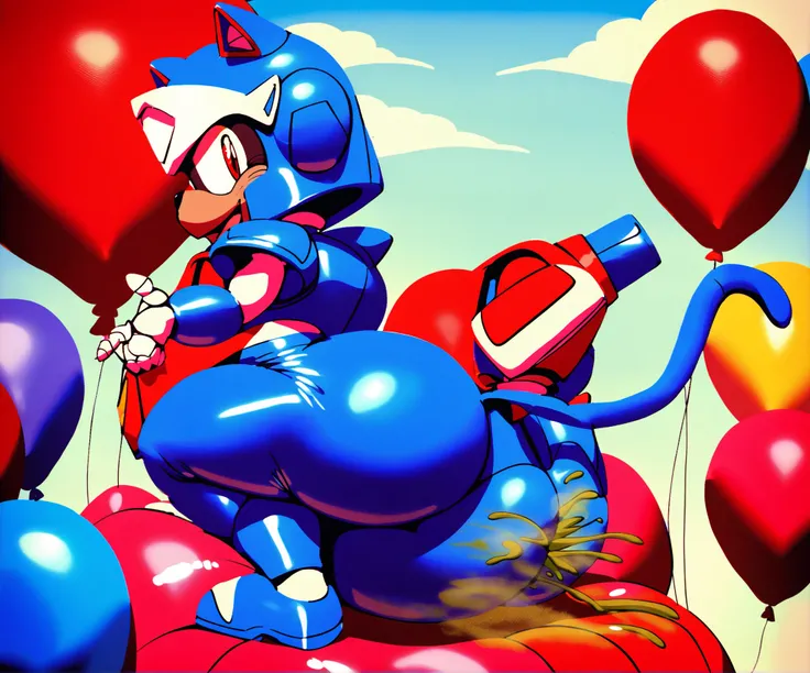 samurai pizza cats, guido anchovy, armor, no helmet, bald, blue armor, male, furry male, cat, solo, 1boy, tail, red eyes, male focus, animal ears, cat ears, cat tail, red balloon, big balloon, large balloon, huge balloon, giant balloon, big red balloon, gi...