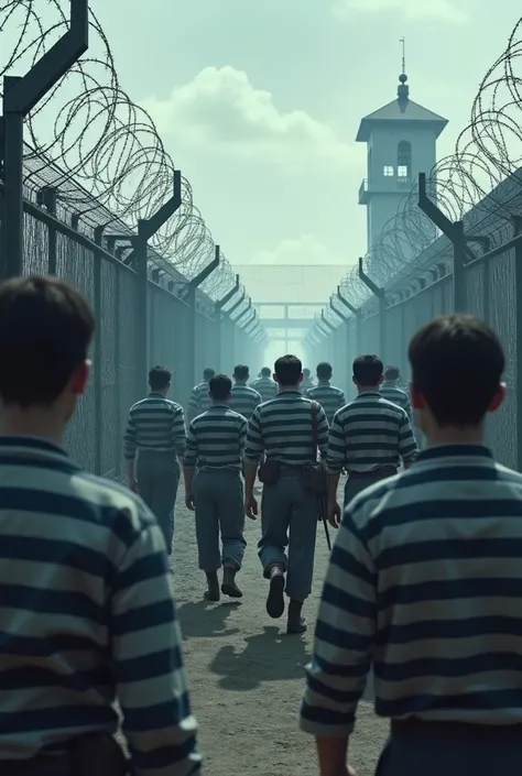 People in striped white and blue uniforms coming near the concentration camp fence 