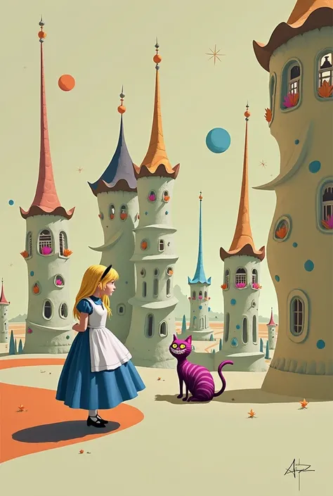 Surreal painting of Alice, with her back turned, observing an environment with surreal towers with Gaudi architecture, colorful, surreal, the laughing Cheshire cat is on the floor looking to Alice