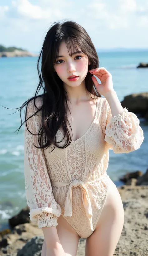 8k, masterpiece, highest quality, Korea's Beautiful Women, High-angle, long dark hair,  beige lace swimsuit, long sleeves, tie waist, modest neckline, pleasant expression, hands touching face, ocean, sky, partly cloudy, rocky shoreline, breakwaters, summer...