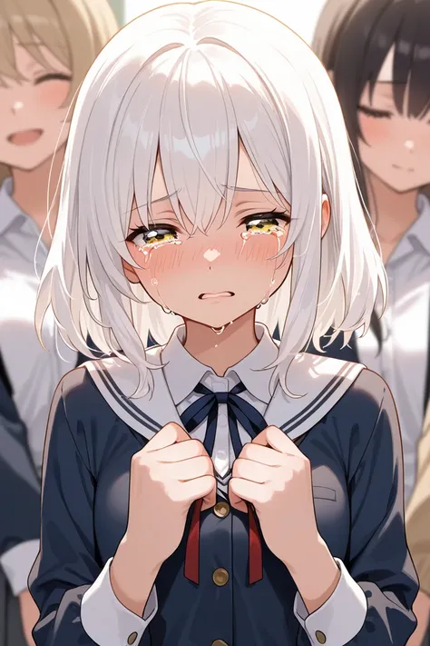  white hair, Yellow eyes,  woman,  students, Crying 