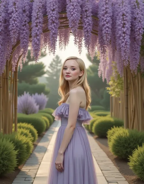 A candid and elegant photograph of a beautiful blonde woman with soft facial features and styled loose waves. She is wearing an elegant dress that complements the vibrant purple hues of the scene. The setting is a serene Japanese-inspired garden featuring ...