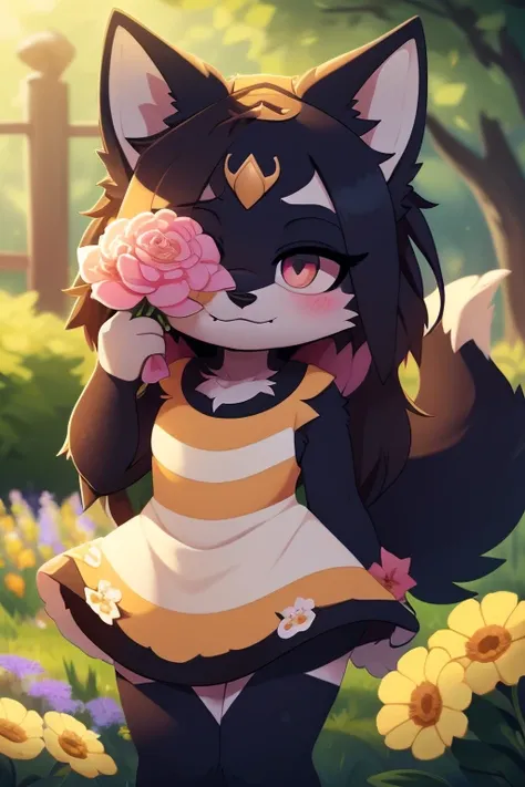 A , a cute black wolf girl, detailed, long shiny hair that covers one eye, an eye, a pink heart, big ears, a small tail, a costume, a dress, a garden background, high quality, a masterpiece of art, Dharit Shams, holding flowers 