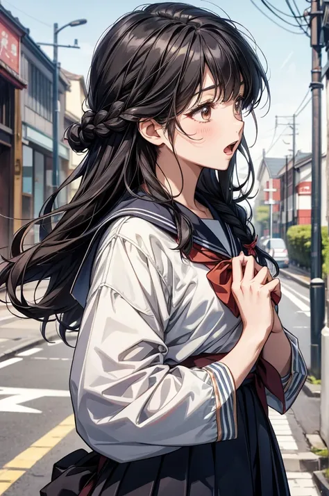 kumiko akiyoshi, black hair, medium hair,side braid, sailor suit, japanese student uniform, open mouth, 19th century English Victorian city's street ,dark