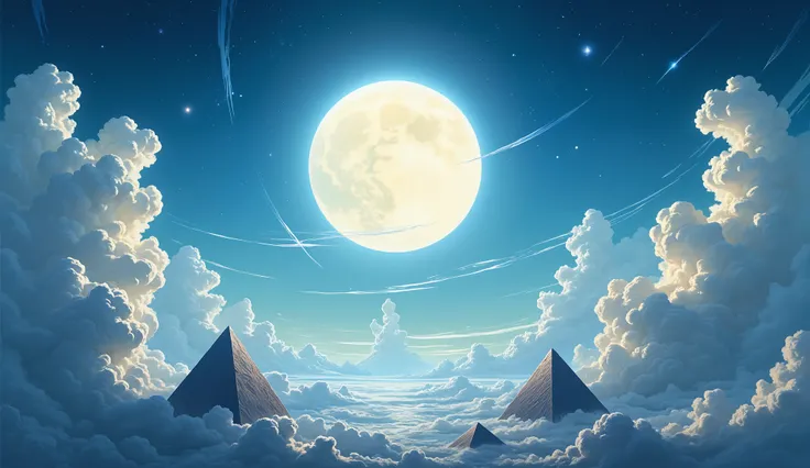 An anime-style illustration of a luminous full moon, radiant with a vibrant noon-like glow, surrounded by a dramatic array of highly detailed clouds in a serene night sky, inspired by the intricate and captivating style of Skysparxx. Each cloud is meticulo...