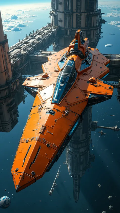 Large spaceship standing in space station, Orange, Blue Color tones 