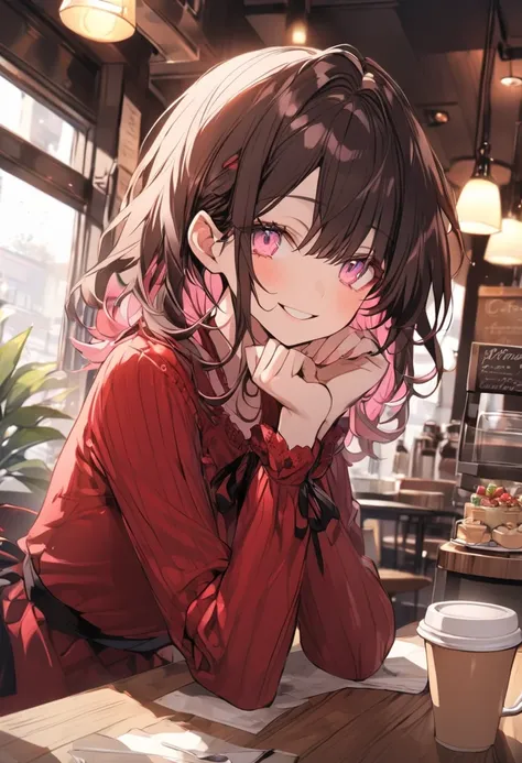  handsome,  alone,  female 1 person,  medium hair, Dark brown hair, Pink highlights on the tips,  light pink eyes，smile，morning，Cafe， in a red dress ， black ribbon， Long Sleeve，strawberry