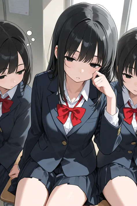  black hair,  BLACK EYES,  students,  woman, Sleepy