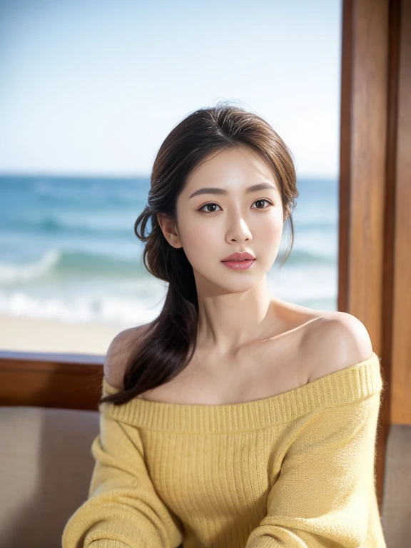 (HD, masterpiece, anatomically correct, textured skin, super detail, best quality, 8k,  Sharp Focus 、(Look at me:1.8)、 professional lighting)、 is placed in the center of the screen、 40 year old mature、A Japanese woman's off-the-shoulder sweater、 Hair、Elega...