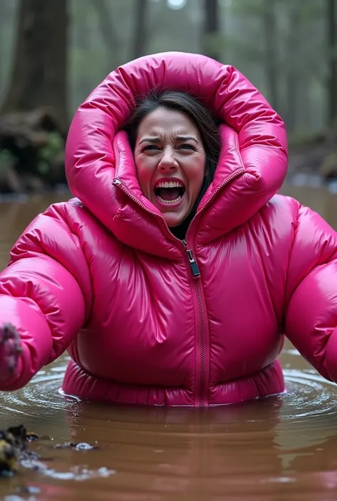 Woman panicked screaming for help in extremely puffy padded shiny neonpink onepiece down suit with very puffy hood and puffy padded mittens, half buried and sinking in deep dirty thick mud