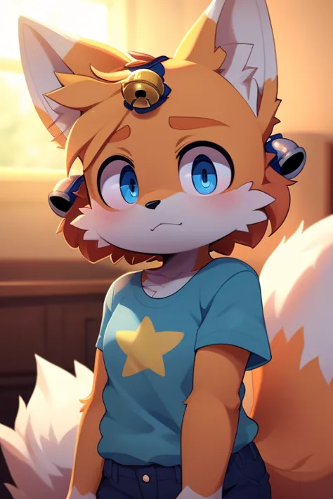 High quality artistic masterpiece result 3_ large tail small ears short hair blue eyes fur Fox blue veins shirt shirt star Logo bell bell neck cinematic snap 