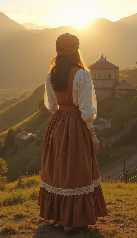 a cinematic shot of 8k ultra-realistic render of a woman from Minas Gerais, standing on a picturesque hilltop with a panoramic view of the Serra da Mantiqueira mountains. She wears a traditional Minas Gerais country dress, with a long skirt adorned with la...