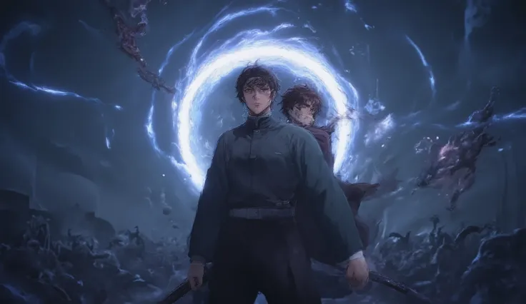 Generate a picture of Tanjiro from Demon slayer, and Jin Wu from solo leveling, getting ready to fight side by side against an army of demons and monsters, with a blue portal breaking in the background