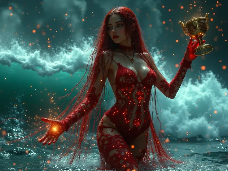 Beautiful gothic woman levitating in the middle of the ocean, very long wet red hair and holding a golden goblet with symbols and hieroglyphics carved on it. openwork gothic lace red, wet. Lace red gloves. fishnet pantyhose, lace red choker. In the middle ...