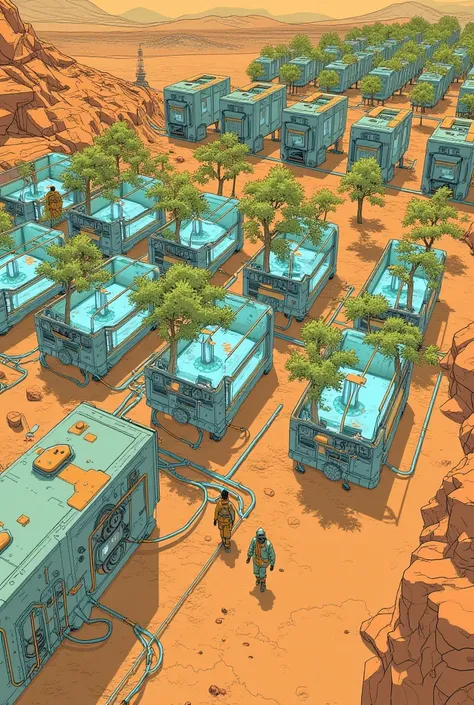 Photo of rows of trees, each in a glass incubator box on mars, scientists, isometric projection, toned down colours, dials, robots