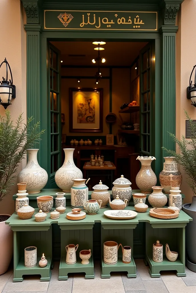 An artistic exhibition outside the entrance of 'Hirfati' shop, showcasing a diverse range of handmade crafts. The display includes intricately decorated pottery with Arabic calligraphy, hand-painted candles featuring artistic designs and Arabic inscription...