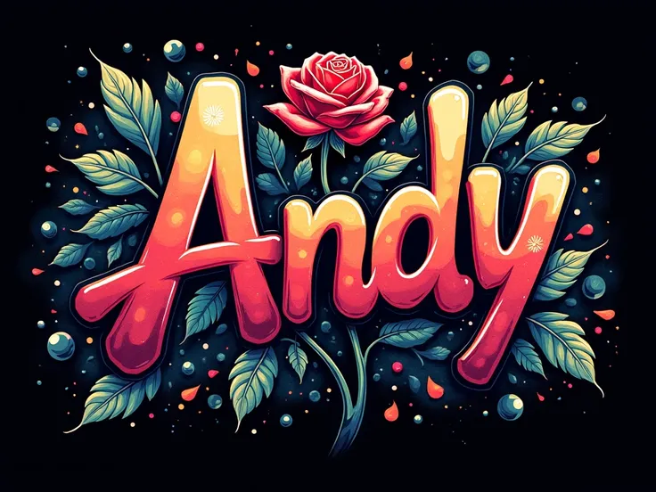 Make a graffiti on a black background with a rose and the name ANDY on the front