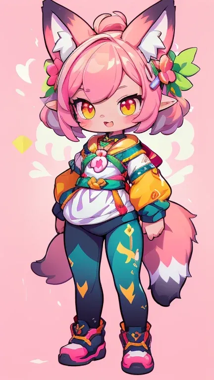 Create a unique sticker, Female hairy rainbow fox , Fox Ears , a fox tail , wide hips , White Skin Body , full body, standing, chibi. (cyberpunk style), ( High Quality , thong, 8k, high resolution), ((estilo chibi, chibi cute)), ( alone, A girl ), { fox gi...