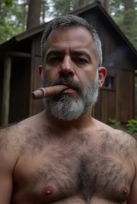 Arab man, gordo, 50 years,     White    ,      brown eyes ,      gray beard ,     Long and big nose,  penetrating look ,   shirtless underwear,   wearing white briefs  ,    full body photo, in front of a cabin in the woods, A cigar burning in the mouth fro...