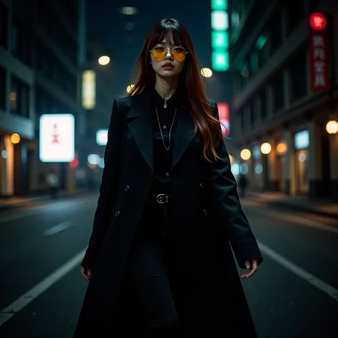 masterpiece of Dark Fantasy in cyber punk style, bottom up angle, full body a beauty japanese idol look like actress 23years white skin, long brown highlights hair, wear round yellow lens glasses, walkingin street, Fusion Mix half cyborg, dynamic pose, Spa...