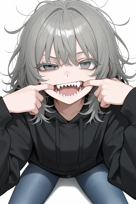 1 girl, grey eyes, medium hair, messy hair, looking at viewer, mouth pull, open mouth, grey hair, grey eyelashes, sharp teeth, uneven eyes, black hoodie, jeans, thick thights, empty eyes