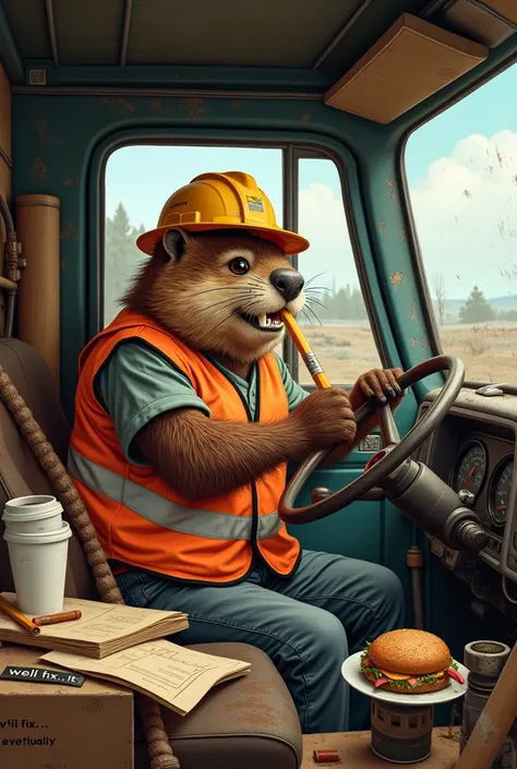 A hardworking beaver grips the wheel of a muddy, dented work truck packed with lumber and tools. He wears a reflective safety vest and a hard hat, and his teeth poke out as he gnaws on a pencil. The truck dashboard is cluttered with blueprints, half-empty ...