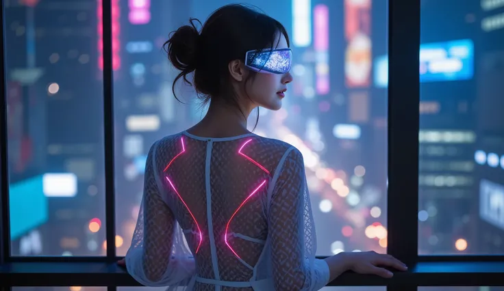 /imagine prompt: A futuristic cyberpunk woman standing in front of a large floor-to-ceiling window, overlooking a neon-lit cityscape at night. She is seen from behind, slightly turned to the side, resting her hand on the window ledge. Her outfit is a semi-...