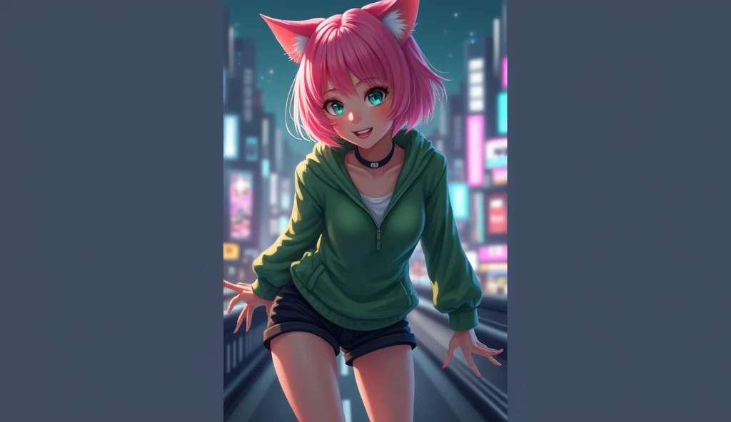 Hello you can do a young woman with cat ears and short pink hair ,  green eyes,  with a short green sweater and short black shorts without a tail in a dynamic pose at night in a futuristic city